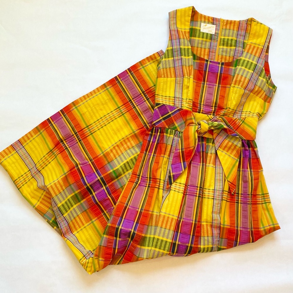 Vintage SWIRL Concept 70s Yellow Orange Madras Plaid Maxi Gown Long Column Dress - Picture 2 of 12